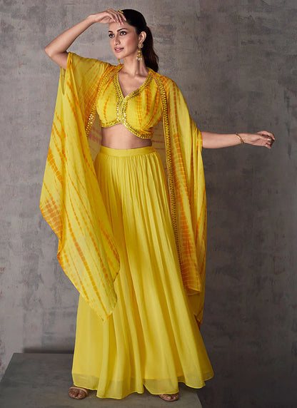 Stylish Yellow Cape Style Palazzo Set with Mirror Foil Embroidery