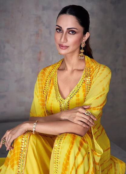 Stylish Yellow Cape Style Palazzo Set with Mirror Foil Embroidery