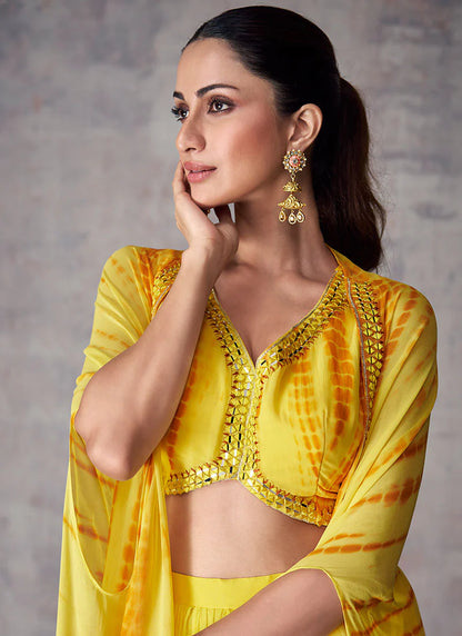 Stylish Yellow Cape Style Palazzo Set with Mirror Foil Embroidery