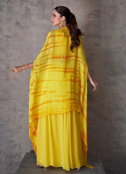 Stylish Yellow Cape Style Palazzo Set with Mirror Foil Embroidery