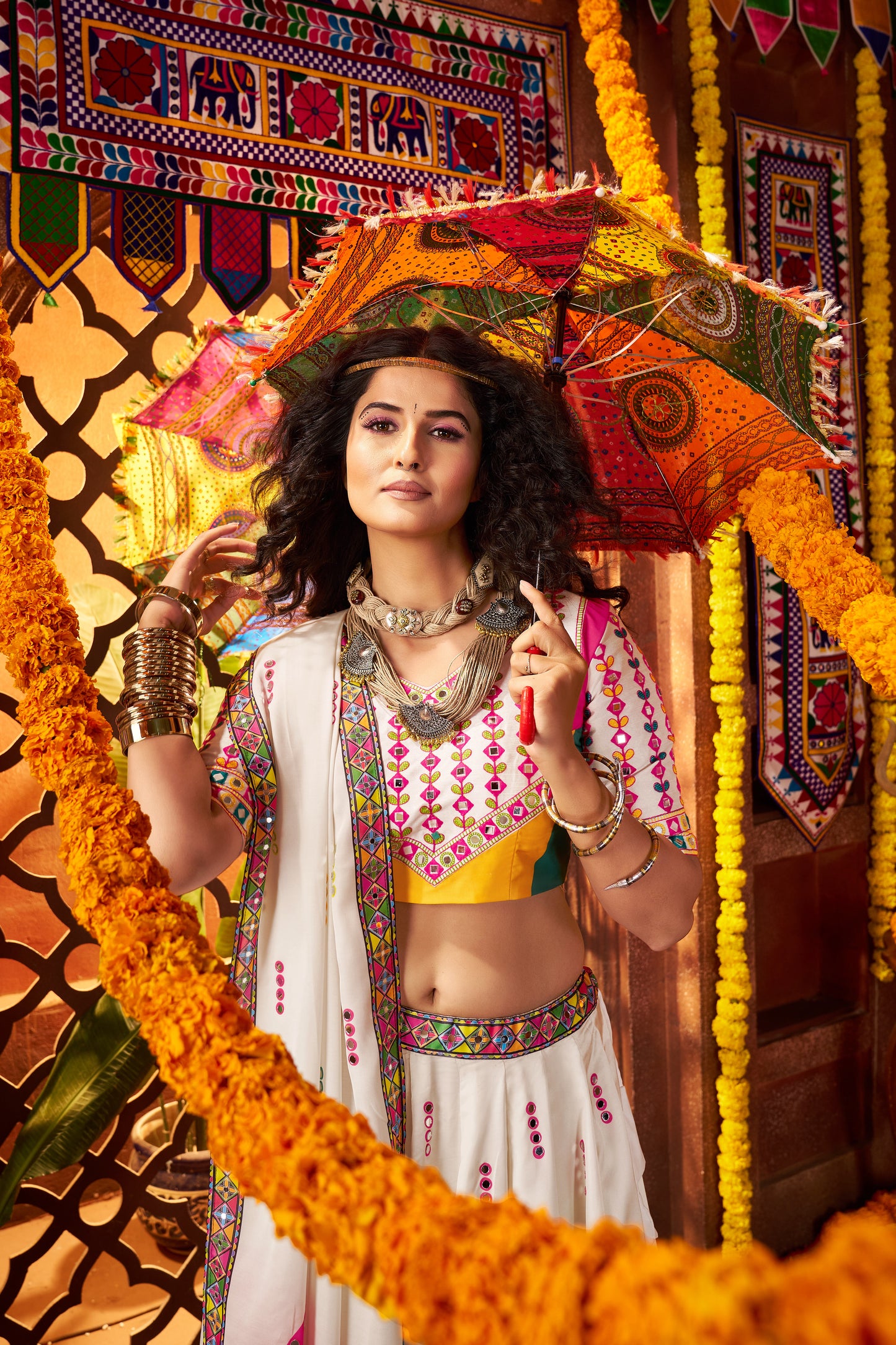 White Gajji Silk Navratri Chaniya Choli with Mirror Embroidery