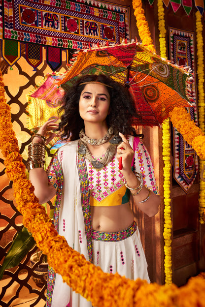 White Gajji Silk Navratri Chaniya Choli with Mirror Embroidery