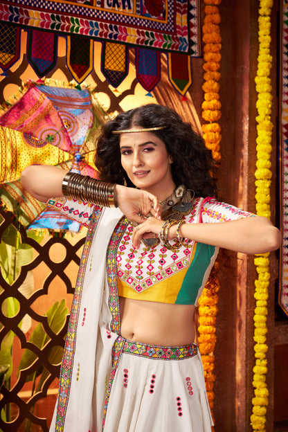 White Gajji Silk Navratri Chaniya Choli with Mirror Embroidery