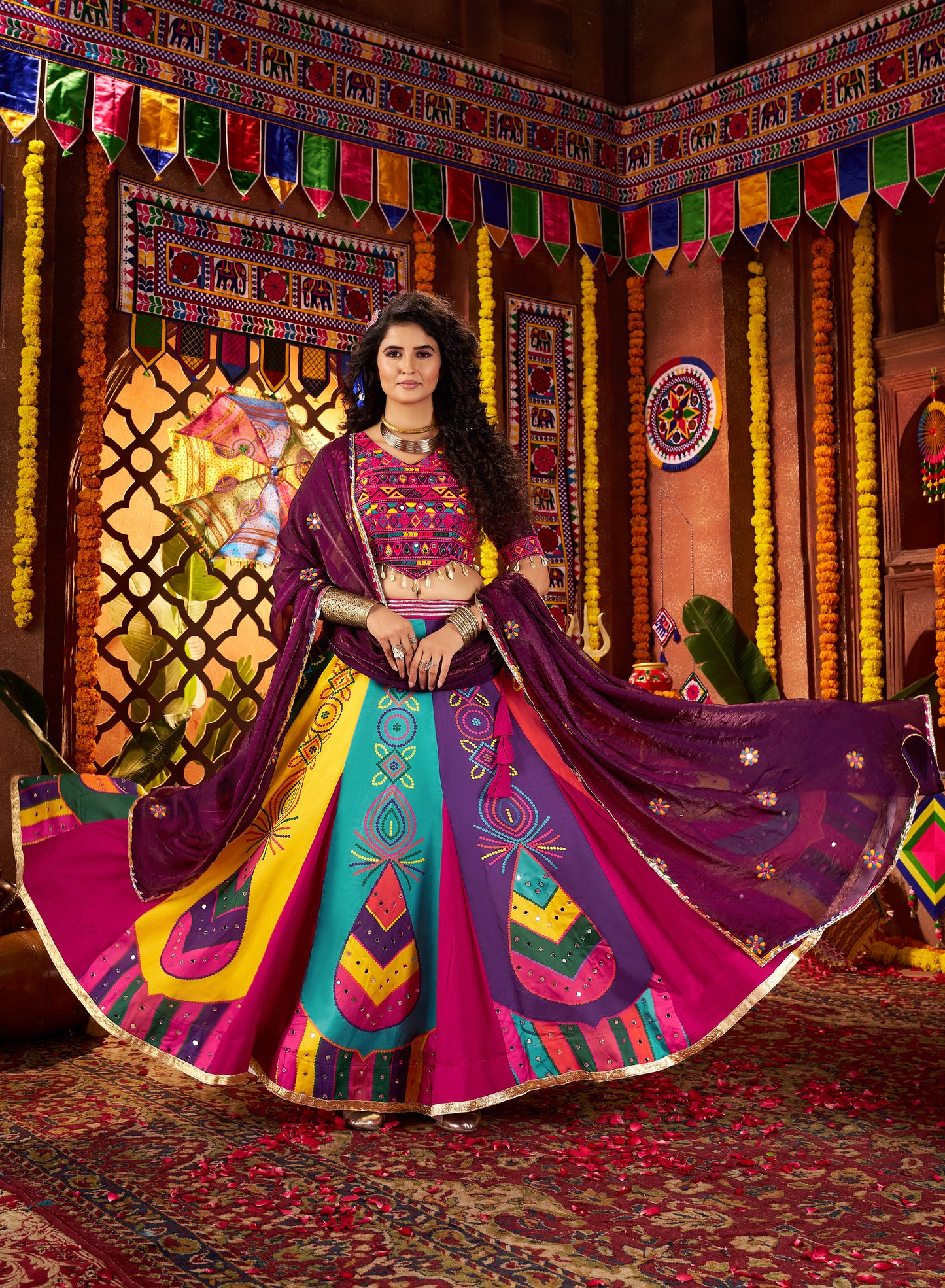 Multicolor Gajji Silk Navratri Chaniya Choli with Mirror & Handwork