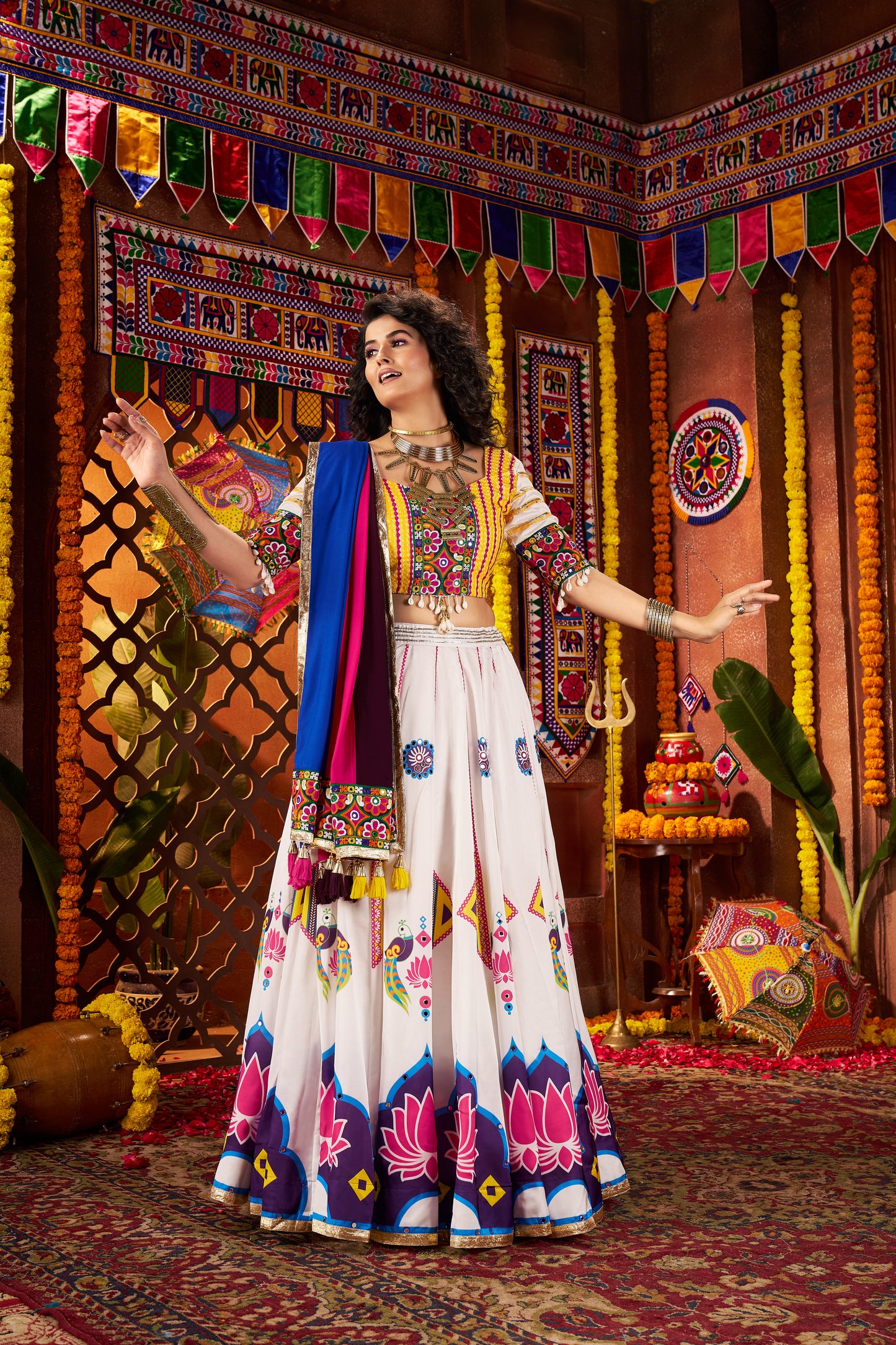 White Navratri Chaniya Choli with Multi Patch Lace & Mirror Work