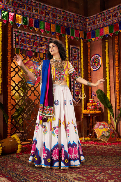 White Navratri Chaniya Choli with Multi Patch Lace & Mirror Work