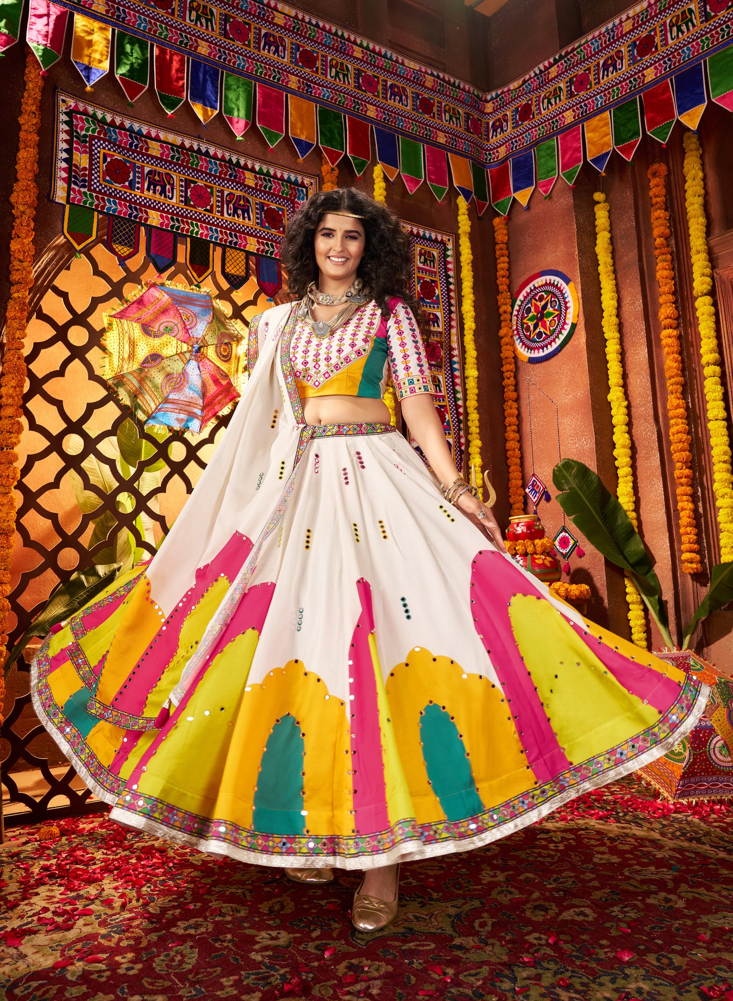 White Gajji Silk Navratri Chaniya Choli with Mirror Embroidery