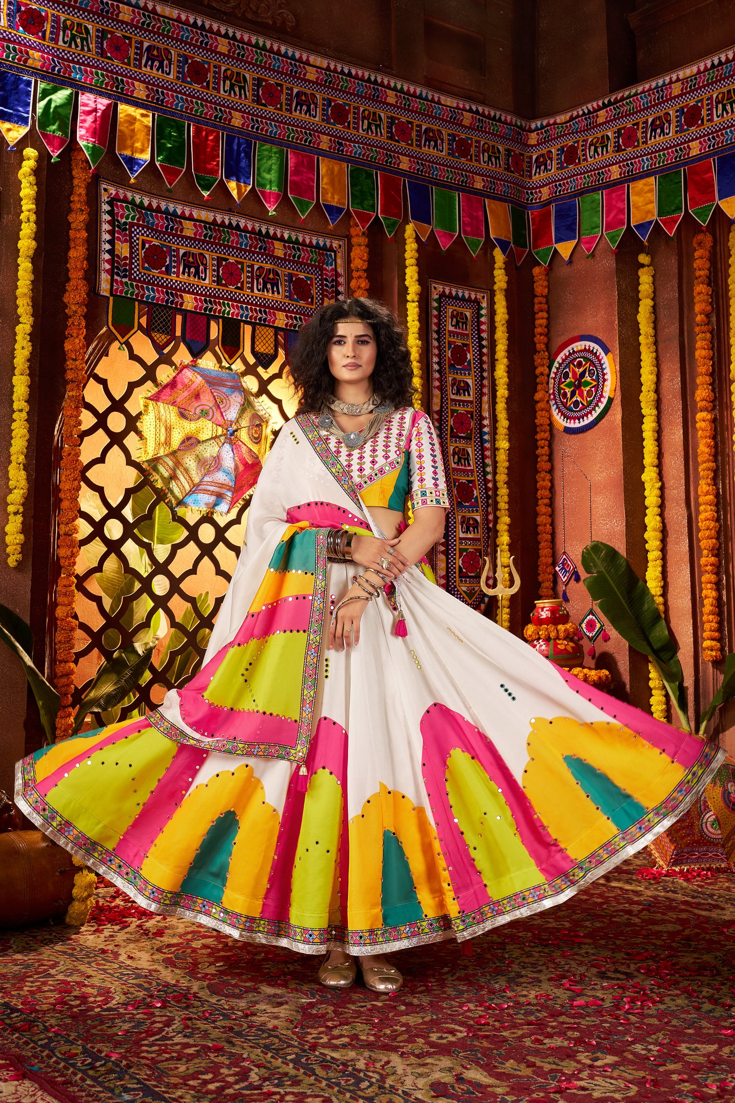 White Gajji Silk Navratri Chaniya Choli with Mirror Embroidery
