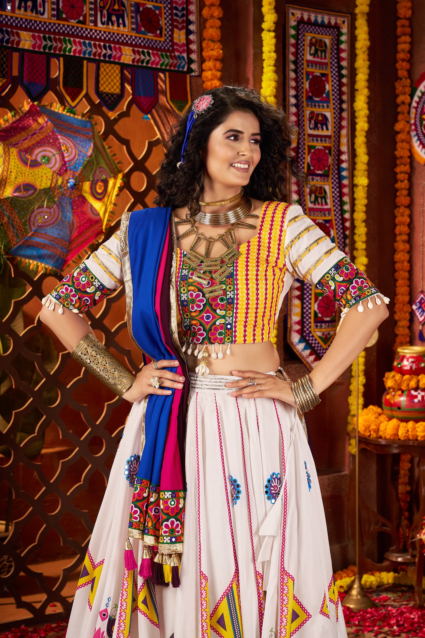 White Navratri Chaniya Choli with Multi Patch Lace & Mirror Work