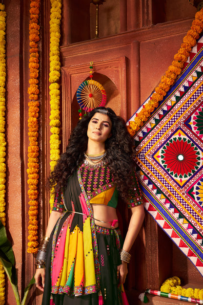 Black Gajji Silk Navratri Chaniya Choli with Mirror & Thread Work
