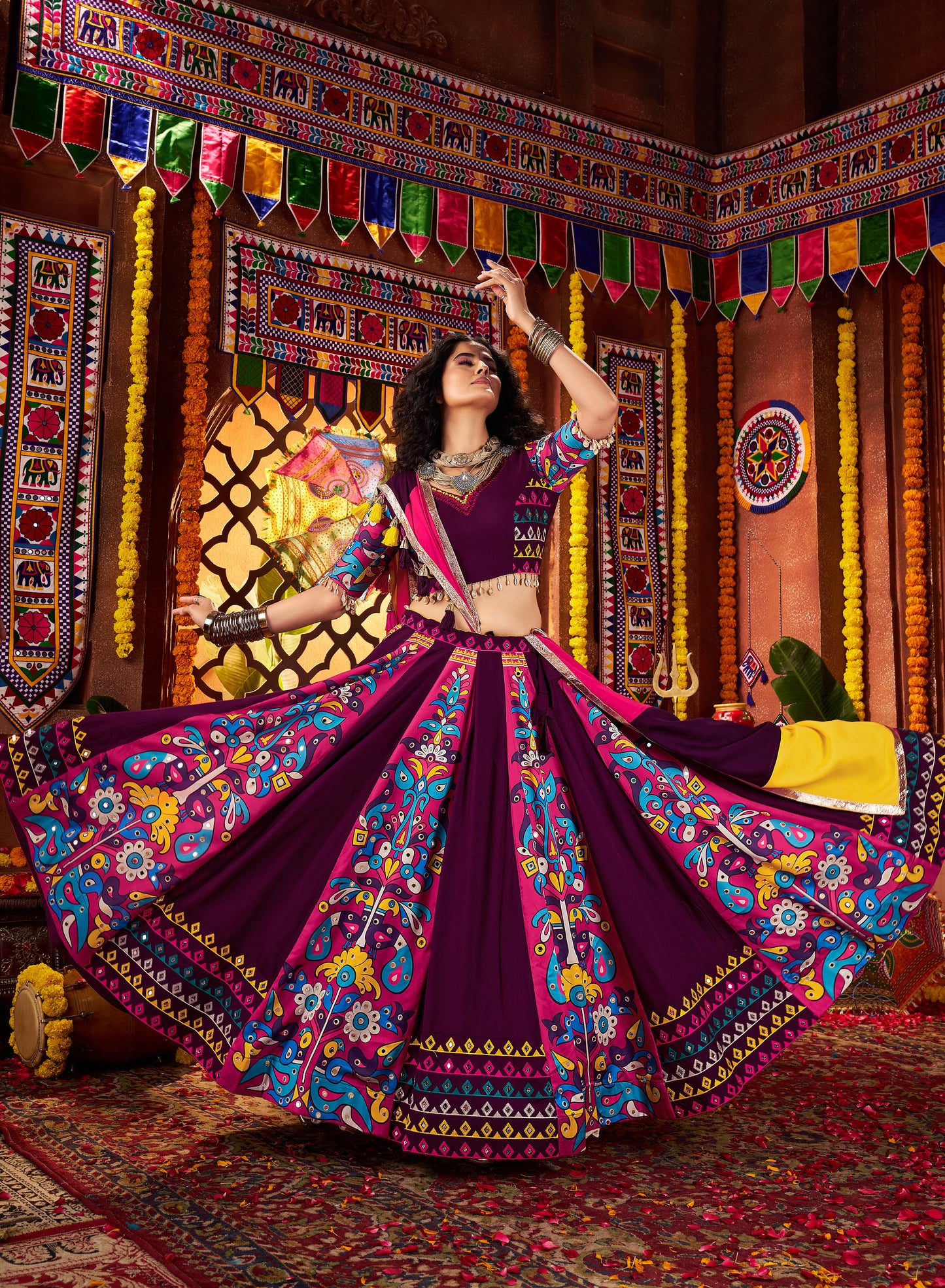 Purple Navratri Chaniya Choli with Multi-Thread & Mirror Work