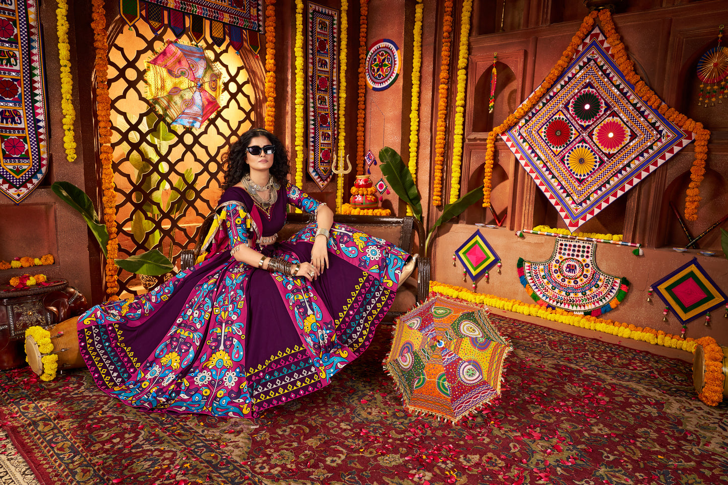 Purple Navratri Chaniya Choli with Multi-Thread & Mirror Work