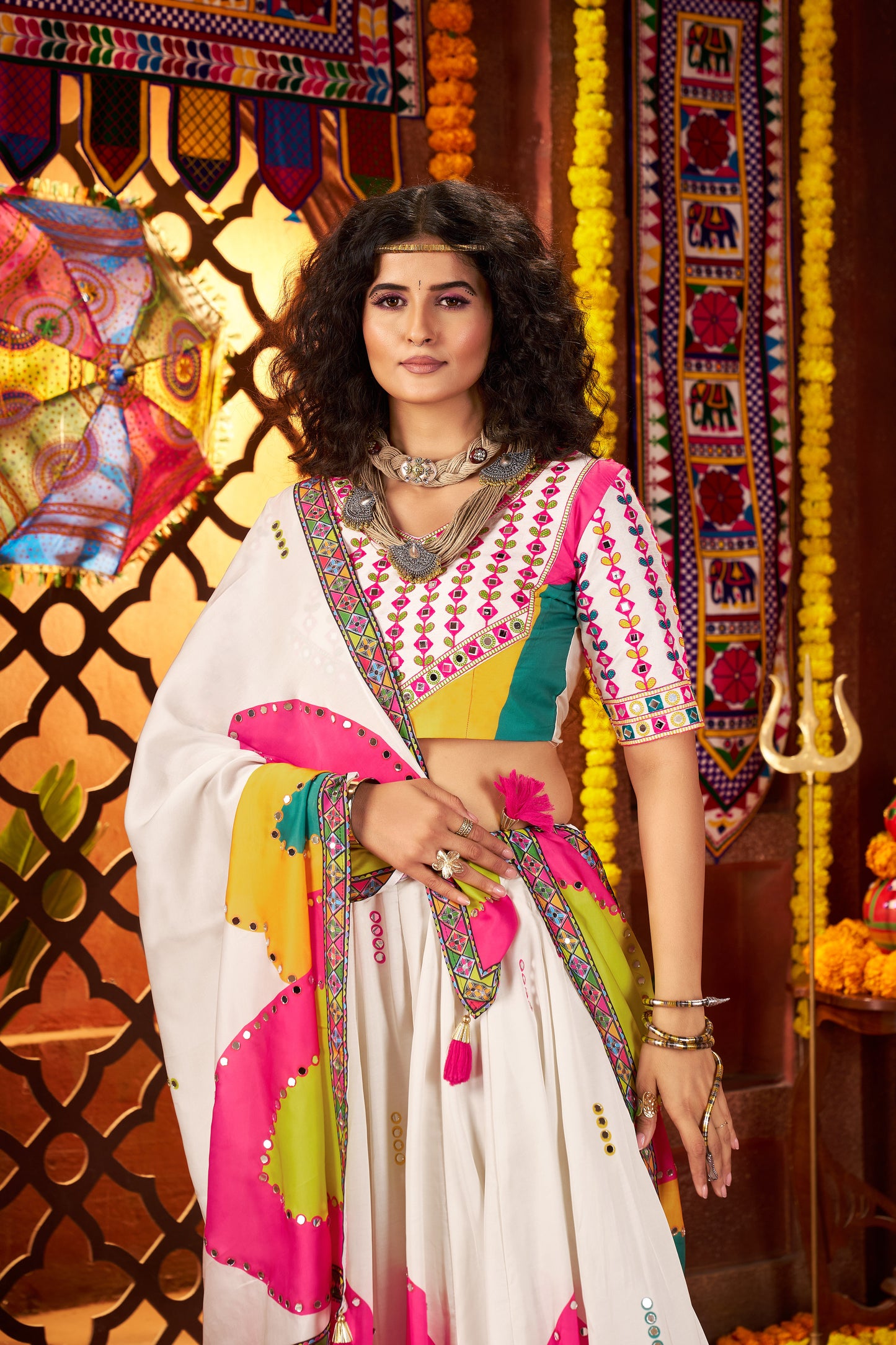 White Gajji Silk Navratri Chaniya Choli with Mirror Embroidery