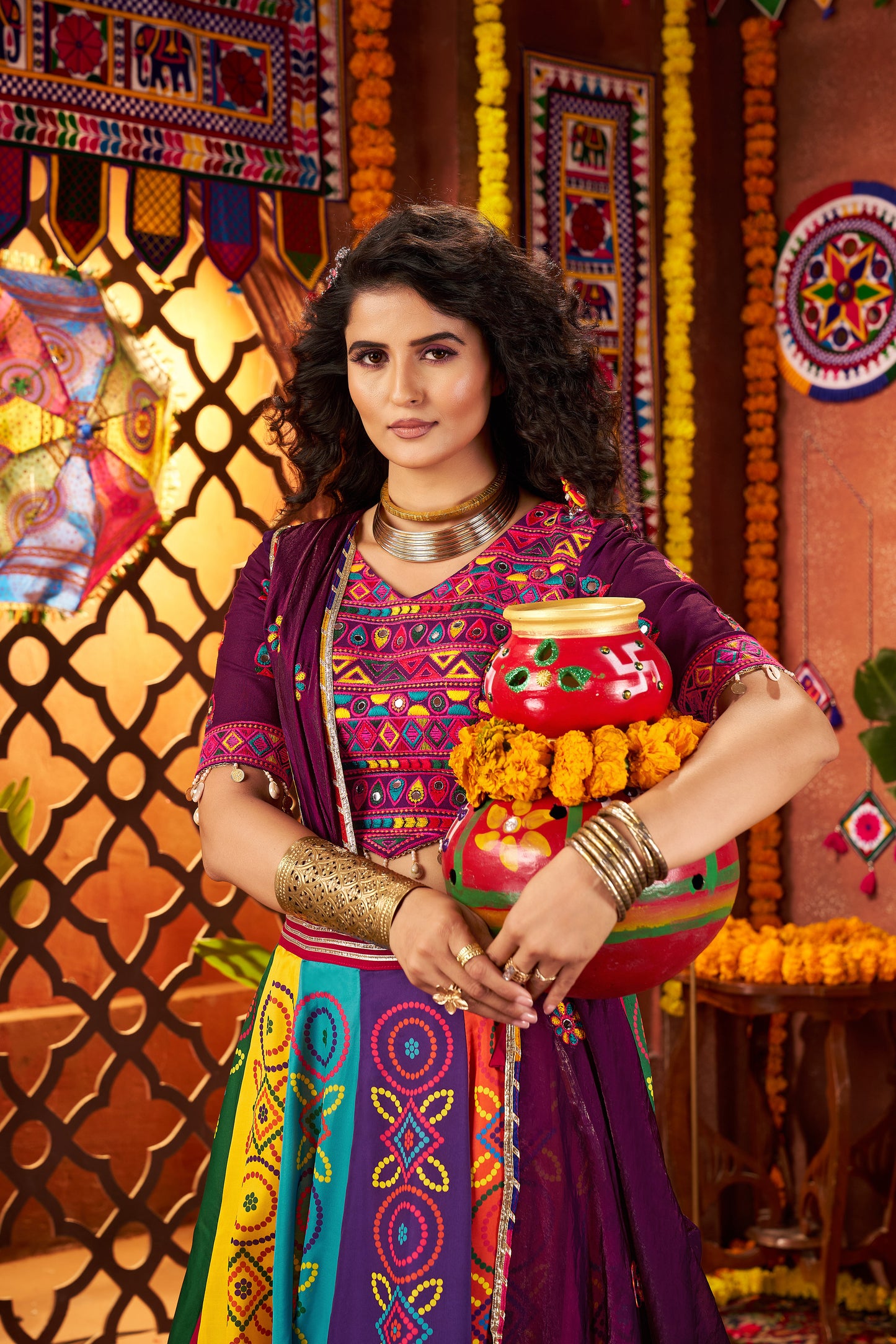 Multicolor Gajji Silk Navratri Chaniya Choli with Mirror & Handwork