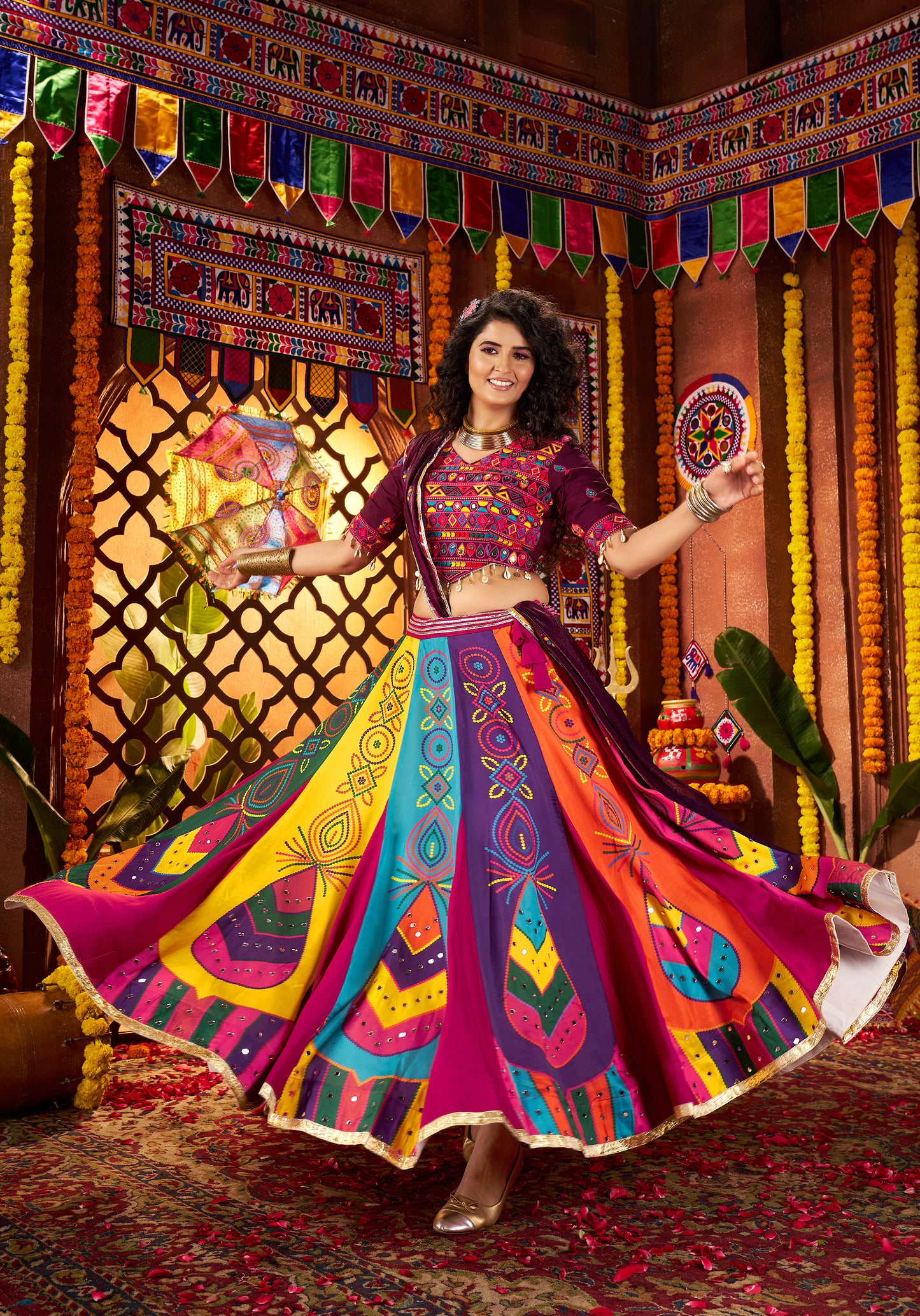 Multicolor Gajji Silk Navratri Chaniya Choli with Mirror & Handwork