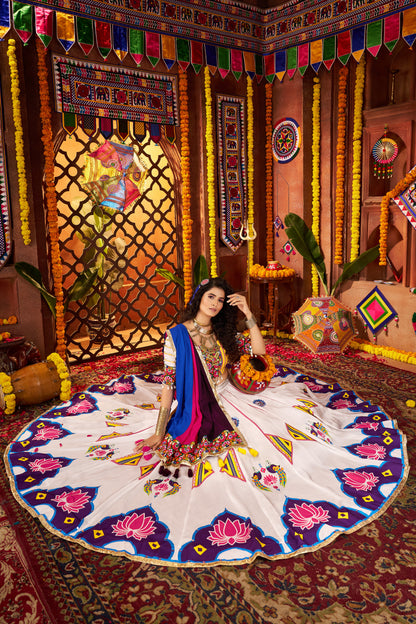 White Navratri Chaniya Choli with Multi Patch Lace & Mirror Work
