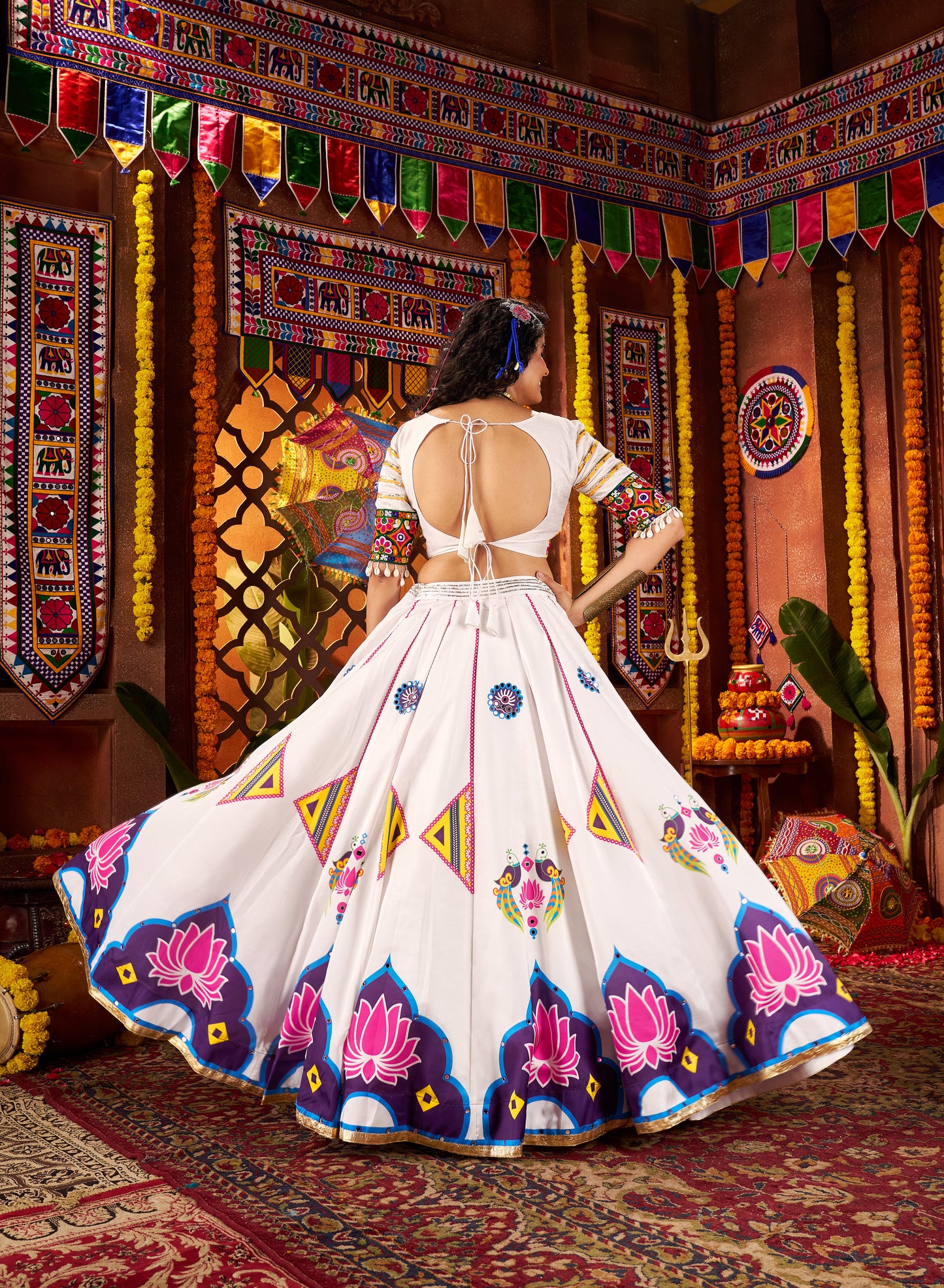 White Navratri Chaniya Choli with Multi Patch Lace & Mirror Work