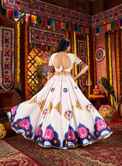White Navratri Chaniya Choli with Multi Patch Lace & Mirror Work