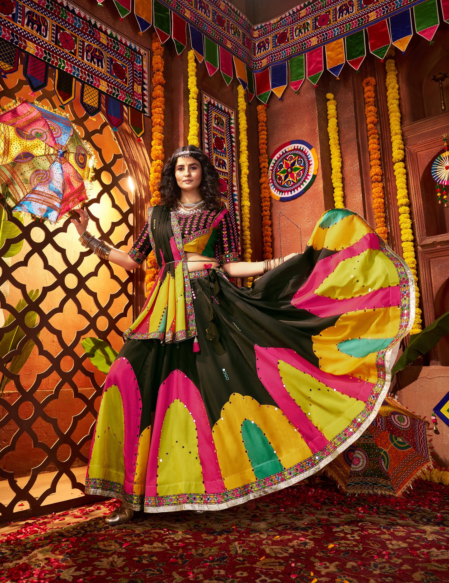 Black Gajji Silk Navratri Chaniya Choli with Mirror & Thread Work