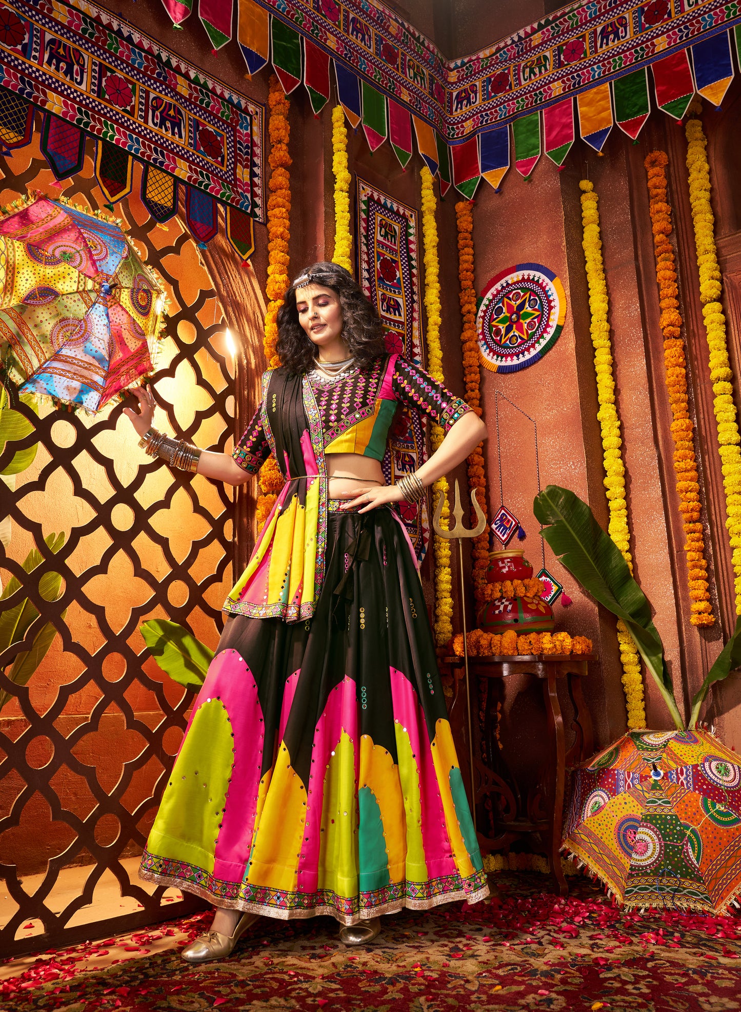 Black Gajji Silk Navratri Chaniya Choli with Mirror & Thread Work