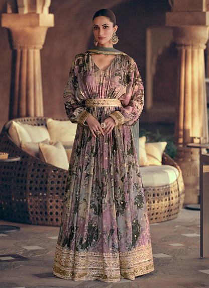 Elegant Purple Floral Print Sequin Anarkali Gown