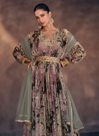 Elegant Purple Floral Print Sequin Anarkali Gown