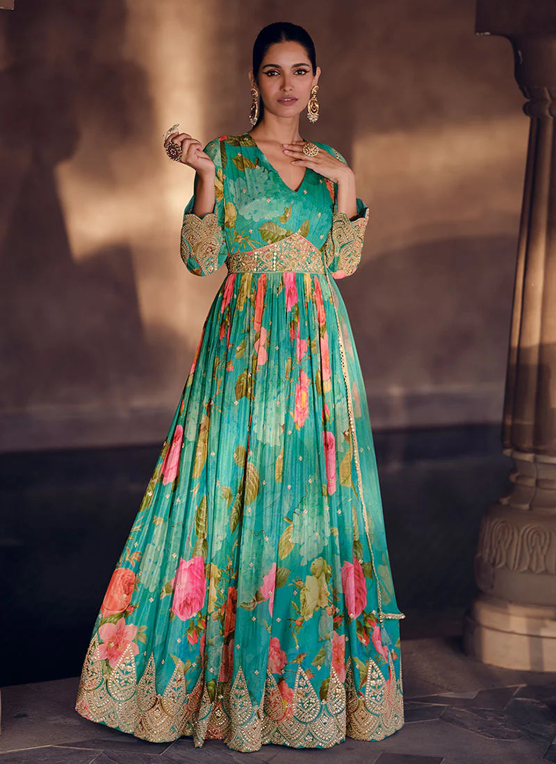 Elegant Cyan Blue Floral Print Sequin Anarkali Gown