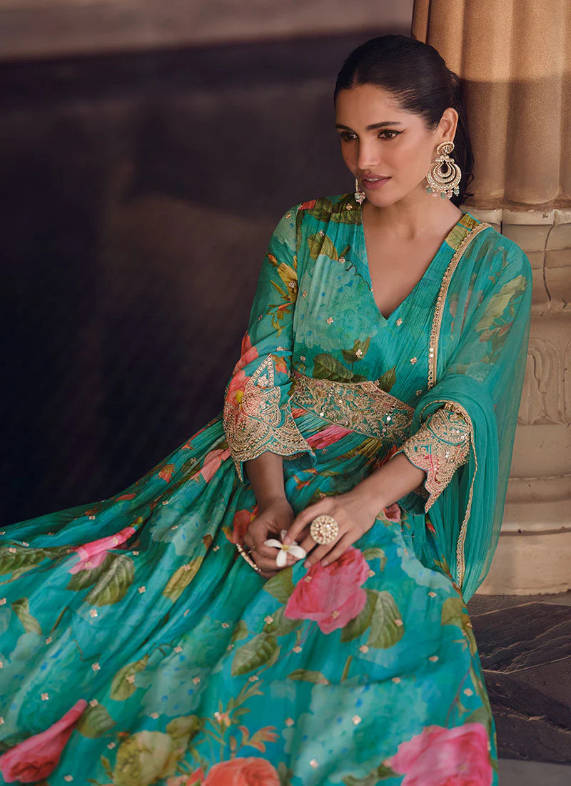 Elegant Cyan Blue Floral Print Sequin Anarkali Gown