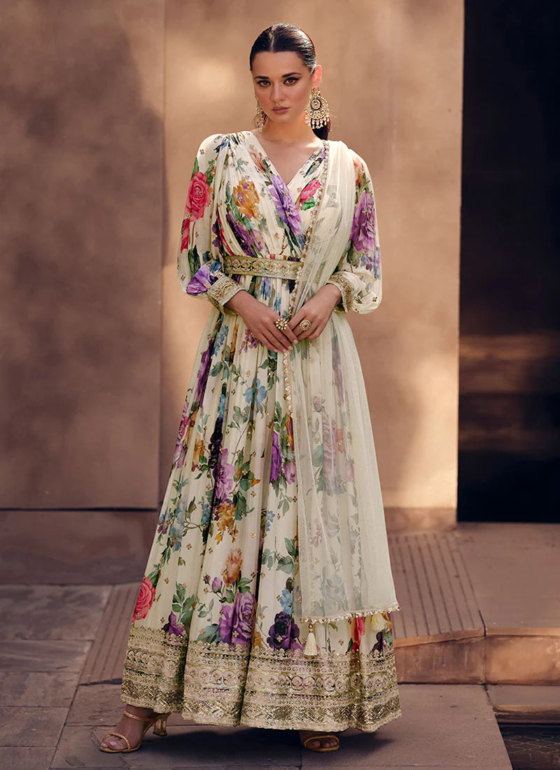 Elegant Off White Floral Print Sequin Anarkali Gown