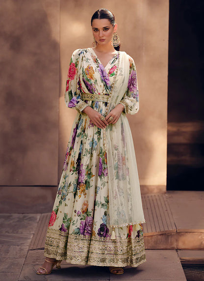 Elegant Off White Floral Print Sequin Anarkali Gown