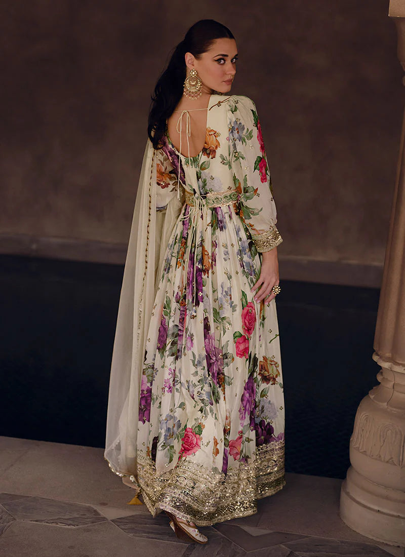 Elegant Off White Floral Print Sequin Anarkali Gown