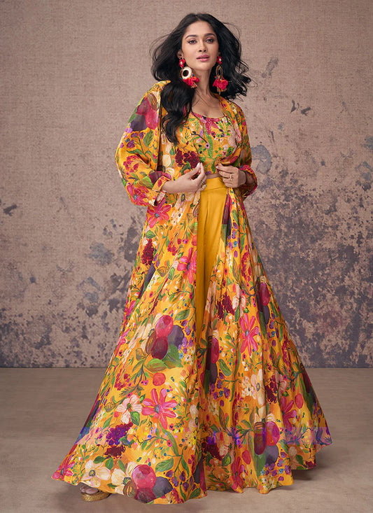 Vibrant Yellow Indo-Western Palazzo with Multi-Colored Sequins