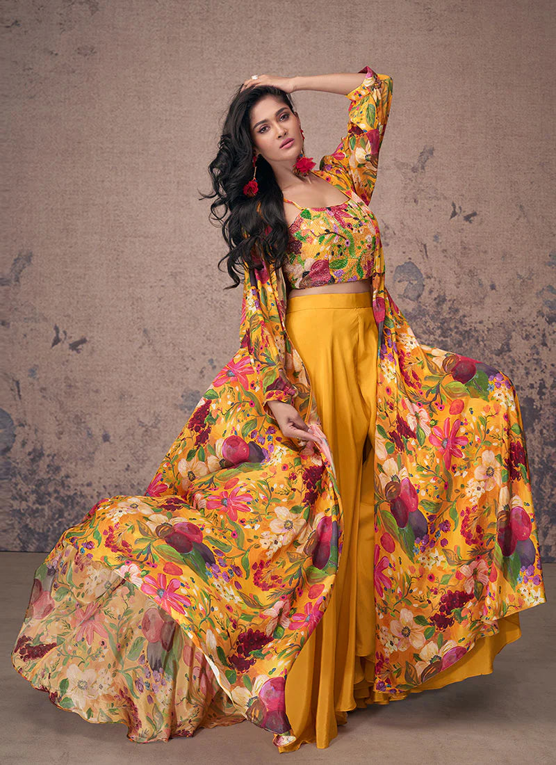 Vibrant Yellow Indo-Western Palazzo with Multi-Colored Sequins