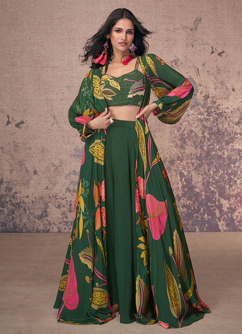 Vibrant Green Indo-Western Palazzo with Multi-Colored Sequins