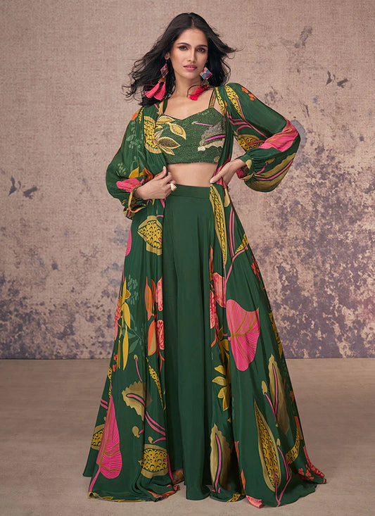 Vibrant Green Indo-Western Palazzo with Multi-Colored Sequins