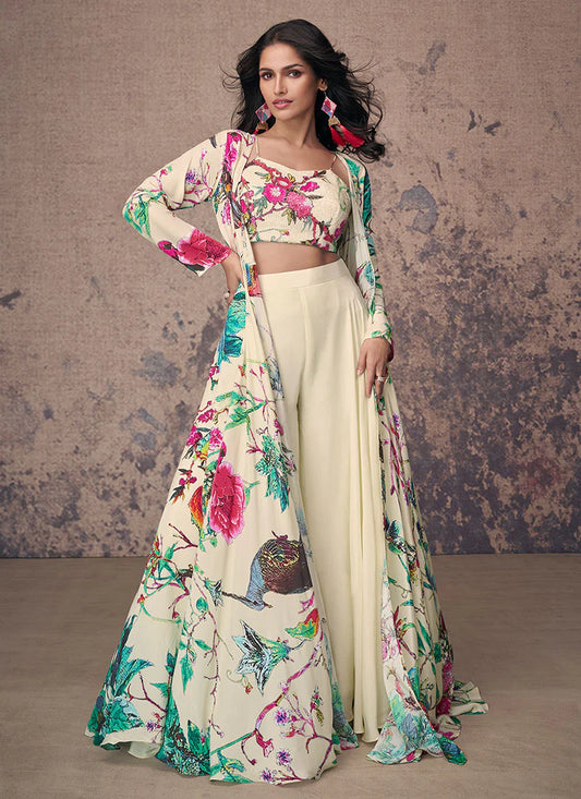 Vibrant Off-White Indo-Western Palazzo with Multi-Colored Sequins