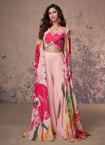 Vibrant Pink Indo-Western Palazzo with Multi-Colored Sequins