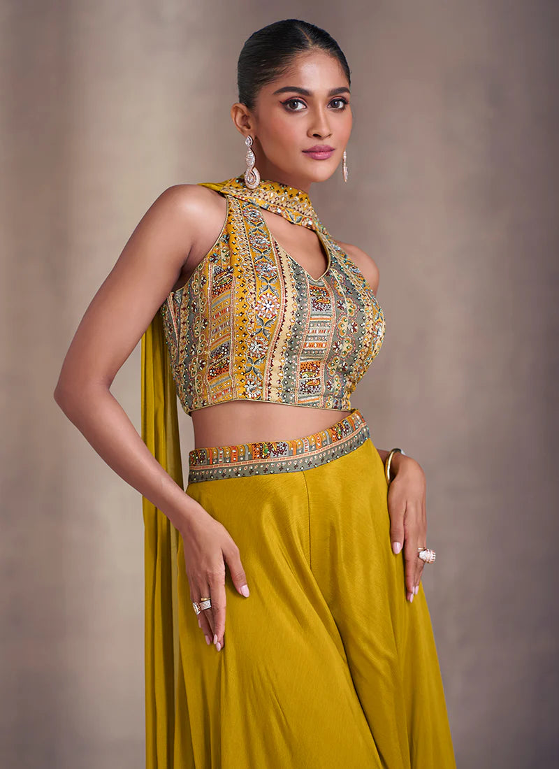 Mustard Real Chinnon Silk Embroidery Work Co-ords Palazzo Suit