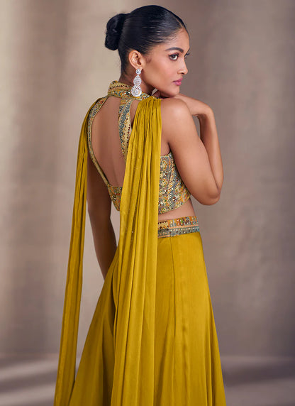 Mustard Real Chinnon Silk Embroidery Work Co-ords Palazzo Suit