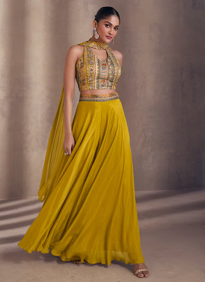 Mustard Real Chinnon Silk Embroidery Work Co-ords Palazzo Suit