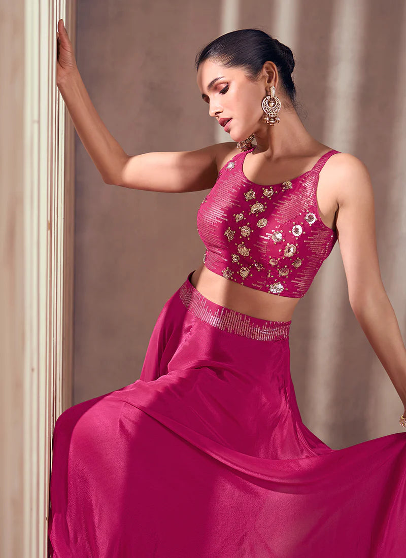 Pink  Real Chinnon Silk Embroidery Work Co-ords Palazzo Suit