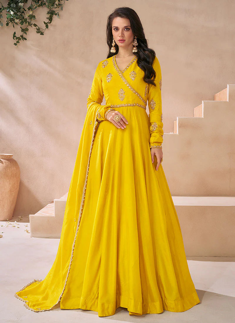 Shop Online Yellow Georgette Embroidered Anarkali Gown with Dupatta