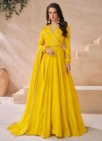 Shop Online Yellow Georgette Embroidered Anarkali Gown with Dupatta