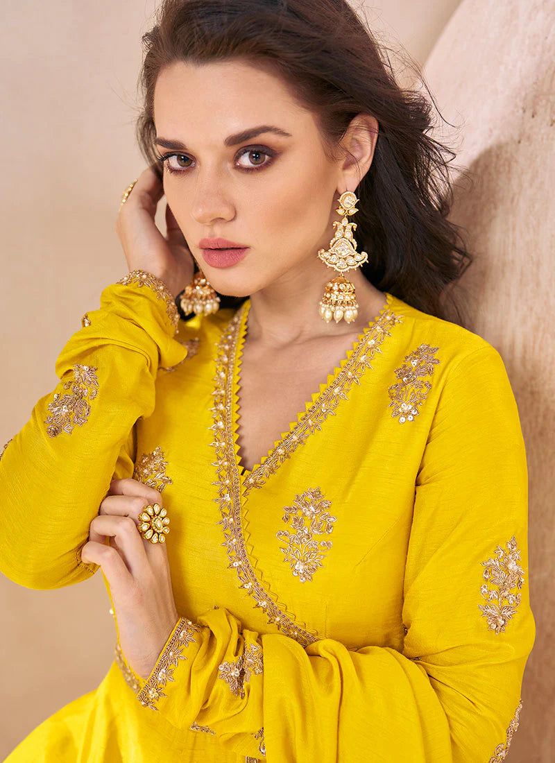 Yellow Georgette Embroidered Anarkali Gown with Dupatta for Indian Wedding and Pakistani Festival