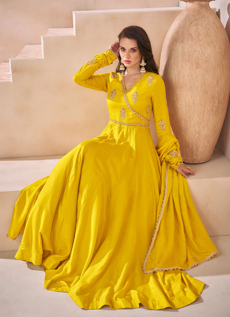 Yellow Georgette Embroidered Anarkali Gown with Dupatta for Indian Wedding and Pakistani Festival