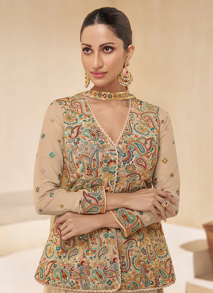 Light Brown Multicoloured Sharara Suit features vibrant embroidery and a flared bottom