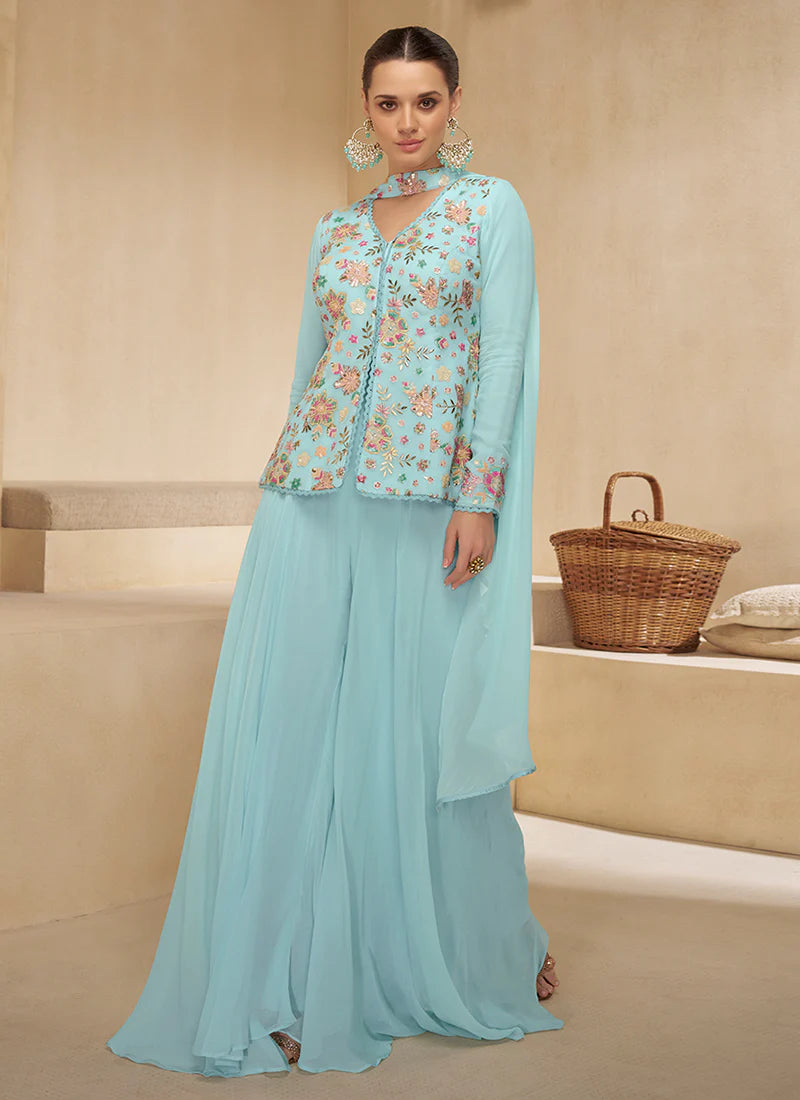 Sky Blue Multicolored Sharara Suit features vibrant embroidery and a flared bottom