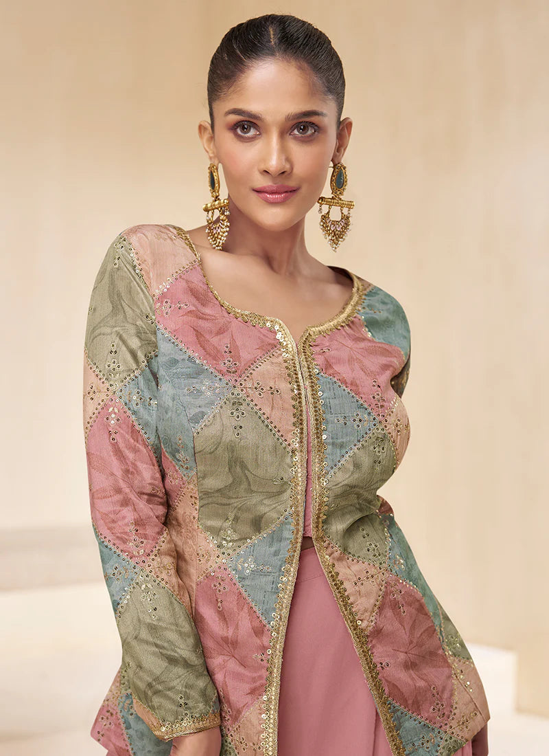 Pink Multicoloured Sharara Suit features vibrant embroidery and a flared bottom