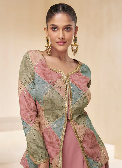 Pink Multicoloured Sharara Suit features vibrant embroidery and a flared bottom