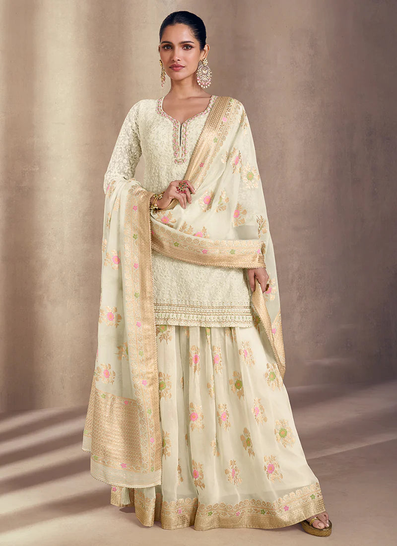 Cream Golden Gharara Suit with Floral Embroidery